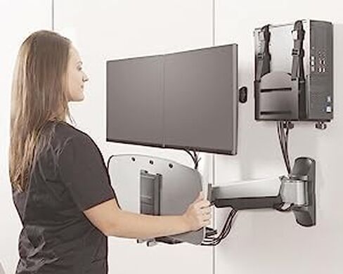 Ergotech Dual Monitor Wall-Mount Convertible Sit-Stand Workstation with Keyboard Tray and Desktop Holder, Up to 27" Monitor VESA 75x75, 100x100 (Silver) in Saudi Arabia