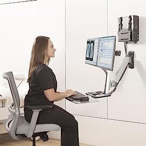 Ergotech Dual Monitor Wall-Mount Convertible Sit-Stand Workstation with Keyboard Tray and Desktop Holder, Up to 27" Monitor VESA 75x75, 100x100 (Silver) in Saudi Arabia