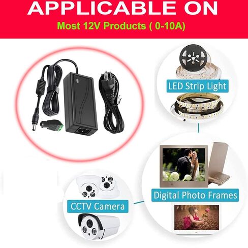 Power Supply, 12V Power Transformers, AC 100-240V to DC 12V 10A Power Supply LED Adapter, 120 Watt Max, for LED Strip Neon Rope String Lights, Computer Project, Recorder, TV Screen in Saudi Arabia