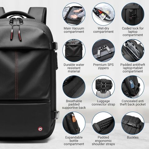 Laptop Travel Backpack Expandable With Vacuum Compression And Pump, Airback Carry On Bag with Anti Theft Lock, Water Resistant, Suitable for Men and Women in Saudi Arabia