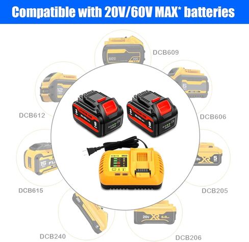 2 حزمة DCB609 20V 60V 9Ah بطارية وشاحن بديل لبطارية Dewalt 20V 60V وشاحن 9.0AH DCB609-2 6AH DCB606-2 متوافق مع بطارية Dewalt 20V 60V ومجموعة الشاحن السريع DCB118 in Kuwait