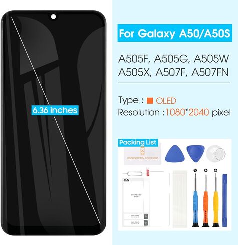OLED لهاتف Samsung A50S مجموعات استبدال الشاشة لهاتف Samsung Galaxy A50، شاشة LCD تعمل باللمس محول الأرقام مجموعة كاملة لـ A505F/DS، A505G/DS، A505FDS، A507F، A507FN A5070 (أسود مع إطار، 6.36 بوصة) in Saudi Arabia