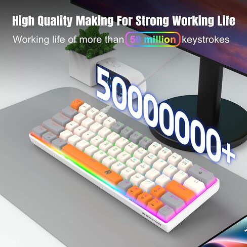 60% Mechanical Gaming Keyboard 60 Percent,LED Backlit Compact 63 Keys Mini Wired Keyboard for PC,Windows XP,Win 7/10,Vista,Me,Typist,Travel,(Grey-White-Orange, Blue Switches) in Saudi Arabia