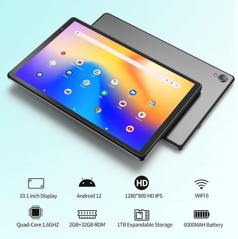 تابلت 10 بوصة، تابلت أندرويد 12 مع حافظة، كمبيوتر لوحي مع ذاكرة وصول عشوائي 2 جيجابايت وذاكرة وصول عشوائي 32 جيجابايت، معالج 1.6 جيجا هرتز، بطارية 6000 مللي أمبير في الساعة، 1280 * 800 IPS، مكبر صوت مزدوج، كاميرات مزدوجة، النوع C (رمادي) in Kuwait