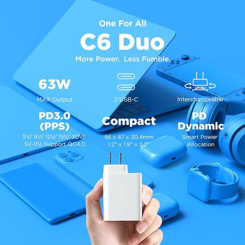Innergie C6 Duo 63W PD3.0 QC4.0 PPS Dual-Port USB C Wall Charger US Plug Single Ver. Power Adapter Compatible with iPhone 15, iPad, MacBook Pro/Air, Switch &Windows PC Laptop (Delta Electronics) in Kuwait