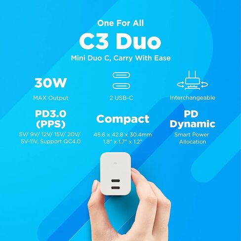 Innergie C3 Duo 30W PD3.0 Dual-Port USB C Wall Charger US Plug 30 Watts Power Adapter Compatible with iPhone 16, iPad, MacBook Air, Switch (Delta Electronics) in Saudi Arabia
