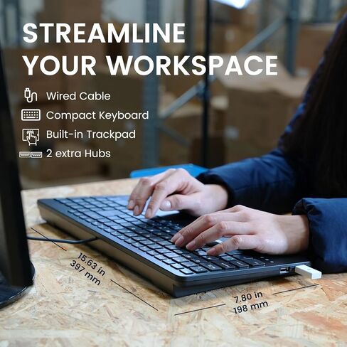 Perixx PERIBOARD-534 US, Wired Compact USB Keyboard with Touchpad - X Type Scissor Keys - 15.63x7.80x1.18 inches - Build-in 2 USB Hubs and Number Pad in Kuwait