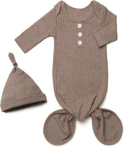 Newborn Baby Knotted Gown, Long Sleeve Waffle Sleeper with Hat Set and Decorative Button, Perfect Coming Home Outfit in Saudi Arabia