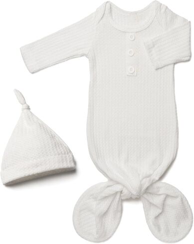 Newborn Baby Knotted Gown, Long Sleeve Waffle Sleeper with Hat Set and Decorative Button, Perfect Coming Home Outfit in Saudi Arabia