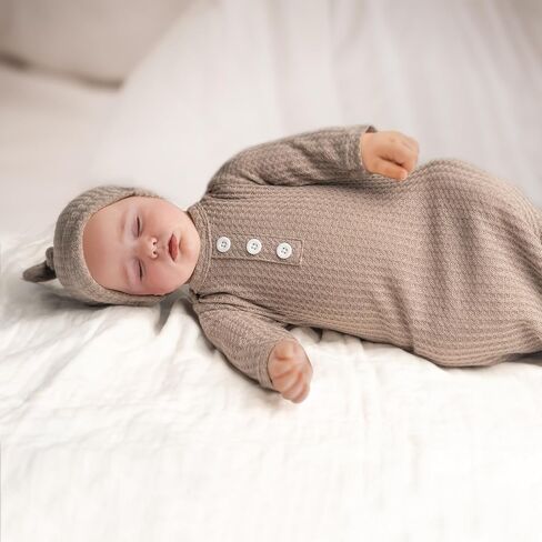Newborn Baby Knotted Gown, Long Sleeve Waffle Sleeper with Hat Set and Decorative Button, Perfect Coming Home Outfit in Saudi Arabia
