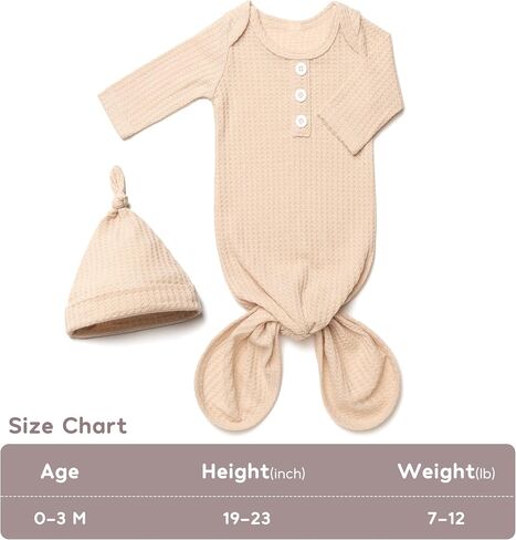 Newborn Baby Knotted Gown, Long Sleeve Waffle Sleeper with Hat Set and Decorative Button, Perfect Coming Home Outfit in Saudi Arabia
