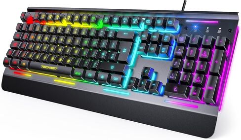 لوحة مفاتيح ألعاب TECKNET RGB، 105 مفتاح، لوحة معدنية بالكامل، إضاءة RGB 15 منطقة، لوحة مفاتيح كمبيوتر هادئة بإضاءة خلفية، مسند للمعصم، 25 مفتاحًا مضادًا للظلال، لوحة مفاتيح سلكية USB مقاومة للماء والغبار IP32 in Kuwait