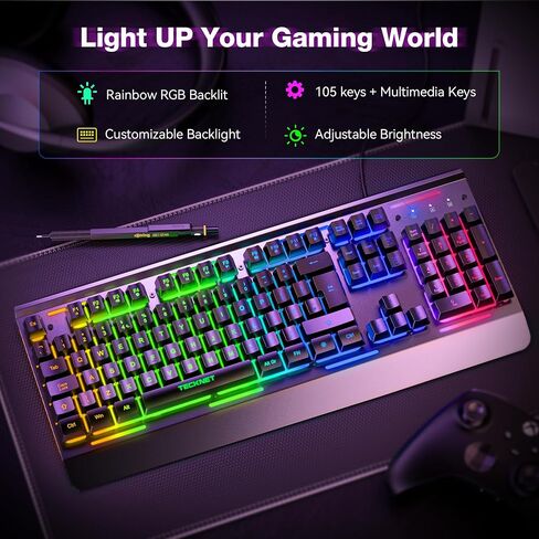 لوحة مفاتيح ألعاب TECKNET RGB، 105 مفتاح، لوحة معدنية بالكامل، إضاءة RGB 15 منطقة، لوحة مفاتيح كمبيوتر هادئة بإضاءة خلفية، مسند للمعصم، 25 مفتاحًا مضادًا للظلال، لوحة مفاتيح سلكية USB مقاومة للماء والغبار IP32 in Kuwait