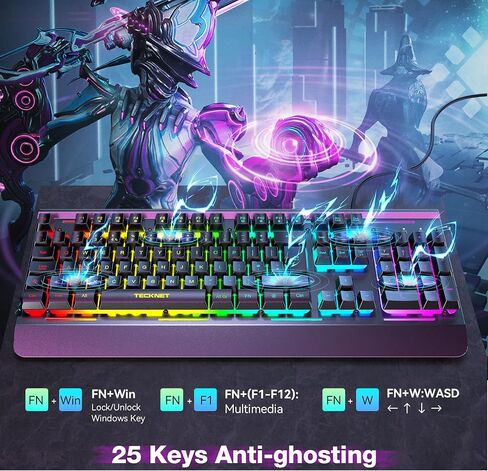 لوحة مفاتيح ألعاب TECKNET RGB، 105 مفتاح، لوحة معدنية بالكامل، إضاءة RGB 15 منطقة، لوحة مفاتيح كمبيوتر هادئة بإضاءة خلفية، مسند للمعصم، 25 مفتاحًا مضادًا للظلال، لوحة مفاتيح سلكية USB مقاومة للماء والغبار IP32 in Kuwait