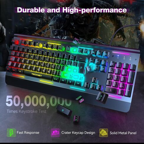 لوحة مفاتيح ألعاب TECKNET RGB، 105 مفتاح، لوحة معدنية بالكامل، إضاءة RGB 15 منطقة، لوحة مفاتيح كمبيوتر هادئة بإضاءة خلفية، مسند للمعصم، 25 مفتاحًا مضادًا للظلال، لوحة مفاتيح سلكية USB مقاومة للماء والغبار IP32 in Kuwait
