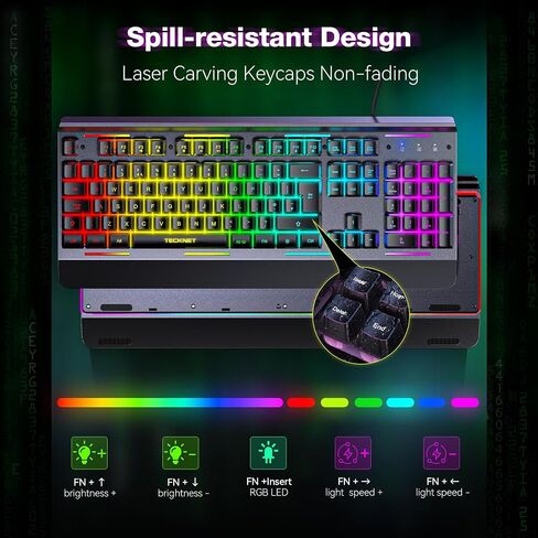 لوحة مفاتيح ألعاب TECKNET RGB، 105 مفتاح، لوحة معدنية بالكامل، إضاءة RGB 15 منطقة، لوحة مفاتيح كمبيوتر هادئة بإضاءة خلفية، مسند للمعصم، 25 مفتاحًا مضادًا للظلال، لوحة مفاتيح سلكية USB مقاومة للماء والغبار IP32 in Kuwait