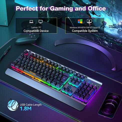 لوحة مفاتيح ألعاب TECKNET RGB، 105 مفتاح، لوحة معدنية بالكامل، إضاءة RGB 15 منطقة، لوحة مفاتيح كمبيوتر هادئة بإضاءة خلفية، مسند للمعصم، 25 مفتاحًا مضادًا للظلال، لوحة مفاتيح سلكية USB مقاومة للماء والغبار IP32 in Kuwait
