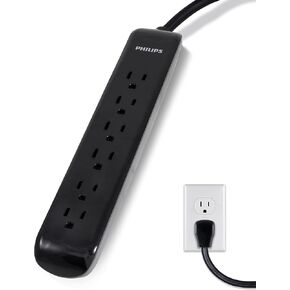 Philips 6-Outlet Surge Protector, 4 Ft Extension Cord, Power Strip, 720Joules, Flat Plug, Wall Mount, Perfect for Office or Home Décor, ETL Listed, Black, SPP3064BE/37
