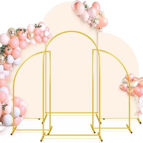 3 Sets Metal Arch Backdrop Stands with Arch Covers 7.2 ft/5 ft Gold Wedding Arch Frame Stand Arched Backdrop Frame Polyester Fitted Arch Stand Cover for Wedding Party Ceremony Decor (Ivory)