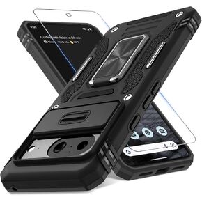 حافظة DEERLAMN لهاتف Google Pixel 8a مع غطاء كاميرا منزلق + واقي شاشة (عبوة واحدة)، غطاء واقٍ مقاوم للصدمات من الدرجة العسكرية بمسند حلقي دوار - أخضر زيتوني