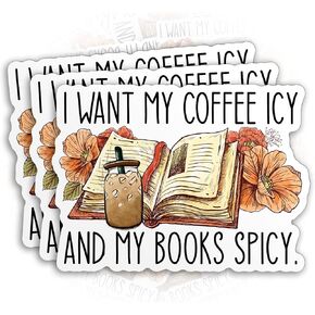 (3Pcs) I Want My Coffee Icy And My Books Spicy Sticker Vintage Bookish Books Lover Gift Reading 3in Die-Cut Waterproof Vinyl Sticker for Laptop Water Bottle Phone Case Decal Stuff Birthday Gift 3 Inch