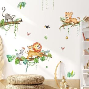 Jungle Safari Animal Wall Decals Forest Lion Leopard Lemur on Tree Wall Stickers Self-Adhesive Mural Removable Wall Art Sticker for Baby Nursery Kids Bedroom Playroom Daycare Classroom Decor