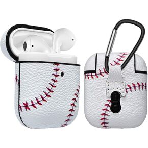 Njjex AirPods Case, AirPods PU Leather Hard Case, Portable Protective Shockproof Earphone Accessories Cover w/Carabiner/keychain Compatible for Apple AirPods 1/ Airpods 2 Charging Case [Baseball]