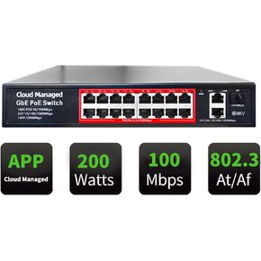 Poe Switch, 16 Port PoE+ Switch, Cloud Managed 10/100Mbps Ethernet Switch, 16 Poe Ports @200W, 2 Gigabit Uplink Ports, 1*SFP Slot, APP Smart Managed, Overload Protection w/ Port, Plug and play