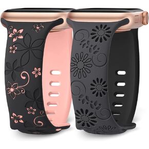 2 Pack Silicone Floral Engraved Bands Compatible with Apple Watch Band 44mm 40mm 45mm 41mm 38mm 42mm 49mm Women, Cute Two-Tone Flower Soft Sport Strap for iWatch Bands Series 9 SE 8 7 6 5 4 3 2 Ultra