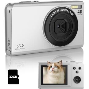 Digital Camera, Focusify Digital Point and Shoot Camera with 56Mp Autofocus Anti-Shake 16X Zoom, 2.8Inch Screen Compact Camera with 32GB SD Card for Adults, Kids,Teens, Beginners(Silver)
