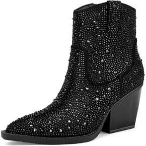 Women's Rhinestone Cowboy Boots Chunky Block Heel Sparkly Ankle Boots Fashion Pointed Toe High Heel Mid Calf Booties Cowgirl Short Boots Black Stone PU Size US 10