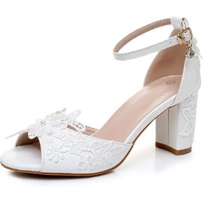 3 Inches Women Thick High Heels Bride Sandals White Floral Lace Pumps Wedding Shoes