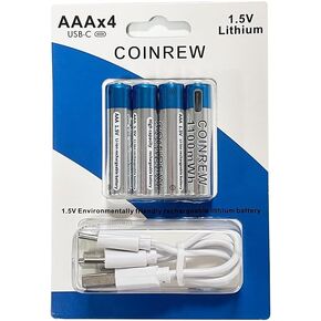 AAA Lithium-Ion Rechargeable Batteries - 616mAh, 1100mWh, USB-C, 4-Pack with Multi-Port Charging Cable - Durable & Eco-Friendly for Everyday Devices