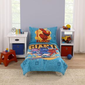 Sesame Street Come and Play, Elmo, Big Bird, Cookie Monster, Grover, and Oscar The Grouch 4 Piece Toddler Bed Set - Comforter, Fitted Bottom Sheet, Flat Top Sheet, and Reversible Pillowcase