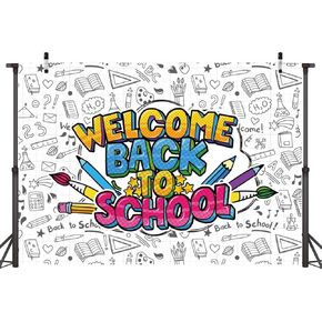 Welcome Back to School Backdrop White Homecoming Photography First Day of School Kindergarten Backdrop Blackboard Pencil Book Decoration Photo Props(7×5FT)