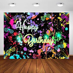 Avezano Neon Birthday Party Backdrop 7x5ft Glow in The Dark Graffiti Splatter Happy Birthday Party Banner Photography Background Let’s Glow Dance Birthday Decoration Photo Booth Backdrop