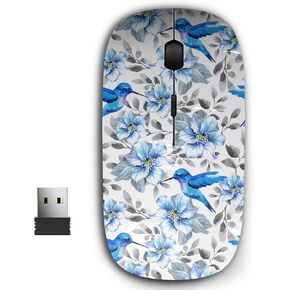 2.4G Ergonomic Portable USB Wireless Mouse for PC, Laptop, Computer, Notebook with Nano Receiver (Flower Blue Flowers Hummingbirds)