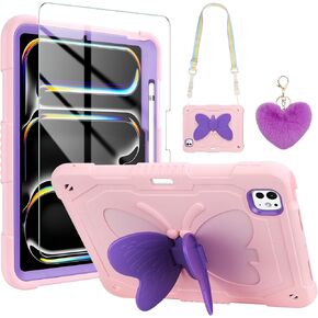 WESADN for iPad Pro 11 Inch case 2024 M4 for Kids Girls with Screen Protector Butterfly Kickstand Lanyard Keychain Pencil Holder Rugged Protective Cover for iPad Pro 11 Case 5th Generation Rose Gold
