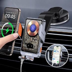 NOHON Wireless Car Charger Phone Mount, 15W Qi Fast Charging Smart Car Wireless Charger Phone Holder with Auto Sensor Clamping, Car Phone Holder Charger for iPhone 15 14 13 12 Pro Max (Silver)