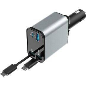 Retractable Car Charger, 4 in 1 Fast Car Phone Charger, Car Charger Adapter with 2 Retractable Cords 2.6ft & 2 USB Ports, Compatible with iPhone 15/14/13/12/11 Series, Galaxy, Pixel