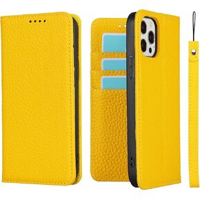 حافظة iCoverCase لهاتف iPhone 13 Pro Max مع حامل بطاقة الائتمان وحزام المعصم، حافظة RFID من الجلد الطبيعي قابلة للطي مغناطيسية لهاتف iPhone 13 Pro Max 6.7 بوصة (أصفر)