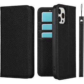 iCoverCase for iPhone 12 Pro Max Wallet Case with Credit Card Holder and Wrist Strap, RFID Blocking Genuine Leather Flip Magnetic Cell Phone Cover Case for iPhone 12 Pro Max 6.7 Inch (Yellow)