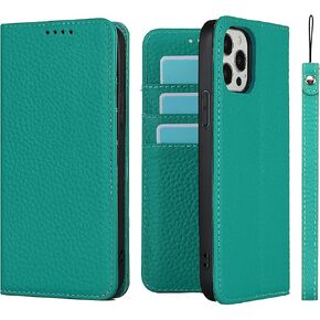 حافظة iCoverCase لهاتف iPhone 12 Pro Max مع حامل بطاقة الائتمان وحزام المعصم، حافظة RFID من الجلد الطبيعي قابلة للطي مغناطيسية لهاتف iPhone 12 Pro Max 6.7 بوصة (أصفر) in Kuwait