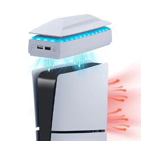 Mcbazel Cooling Fan with RGB Light for PS5 Slim Only Top LED Cooling System, 3 Level Adjustable Speed, 6 Lighting Modes, 2 Extra USB Ports, Dust Cover Dual Fans Cooler for PS5 Slim Console Only -White