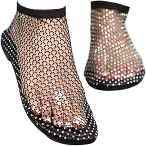 Ultra Comfortable Mesh Flats for Women Fishnet Sandals Low Heel Slip on Rhinestone Shoes