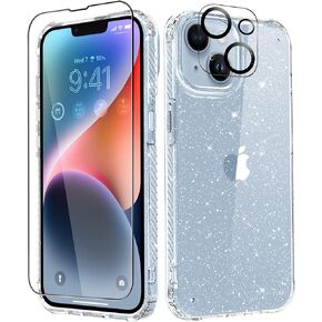 MIODIK for iPhone 14 Plus Case with Screen Protector + Camera Lens Protector, [Non-Yellowing] Clear Glitter Protective Shockproof Phone Case for Women Girls, 6.7 Inch - Sparkle Clear
