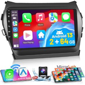 【for Hyundai Santa Fe 2013-2017】 Fuluku Android Car Stereo with Wireless Carplay Android Auto, 9" Touch Screen Radio Dash Kit GPS Navigation WiFi Bluetooth SWC Mirror Link, Mic Backup Camera