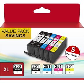PGI-250XL CLI-251XL Compatible for Canon 250 and 251 Ink Cartridges Work with Canon PIXMA MX922 MX920 IX6820 MG5520 MG7520 IP8720 MG6620 (PGBK Black Cyan Magenta Yellow, 5XL Pack)