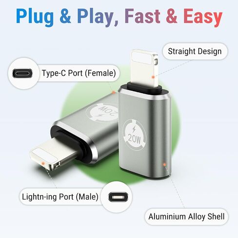 محول TiMOVO 20 وات USB C إلى Lightn-ing مع حامل مضاد للفقد، محول شحن سريع من أنثى إلى ذكر، حزمة من 2 محول Lightn-ing متوافق مع iPhone 14/13/12/11، مستقيم، رمادي فاتح أخضر in Saudi Arabia