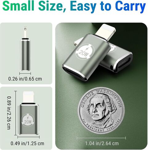 محول TiMOVO 20 وات USB C إلى Lightn-ing مع حامل مضاد للفقد، محول شحن سريع من أنثى إلى ذكر، حزمة من 2 محول Lightn-ing متوافق مع iPhone 14/13/12/11، مستقيم، رمادي فاتح أخضر in Saudi Arabia
